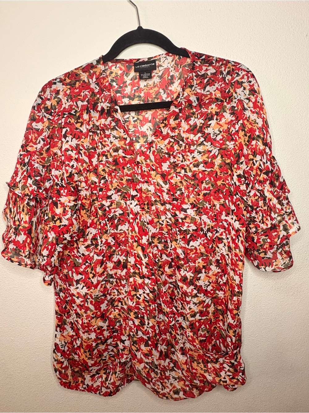 Liz Claiborne Red Multi Floral V-Neck Ruffle Sleeve Blouse-128